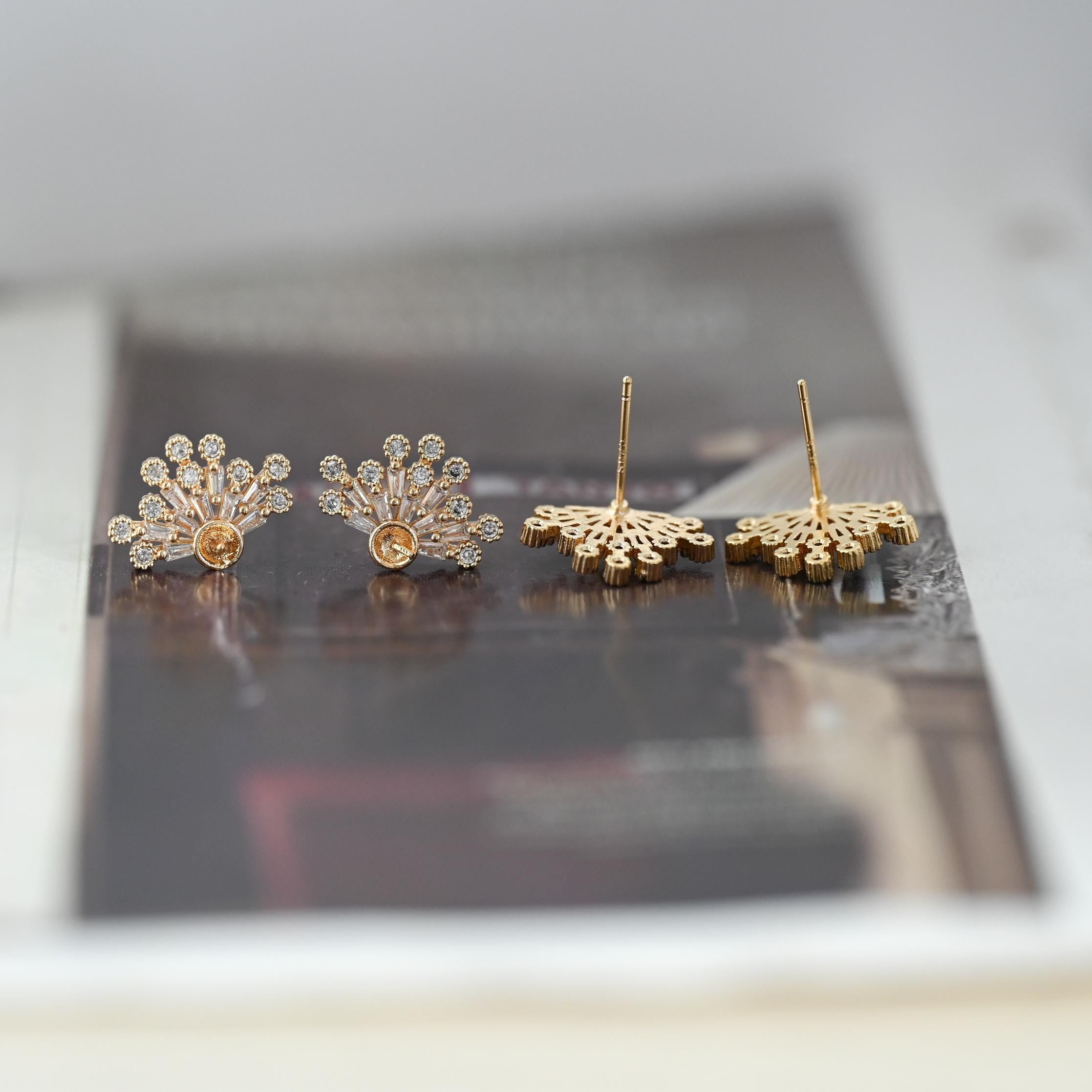 4pcs Gold CZ Pave Flower Earring 17x12mm, Pearl Peg Earring Mounts,Half Drilled Pearl Post Earring Settings (#GB-3148)